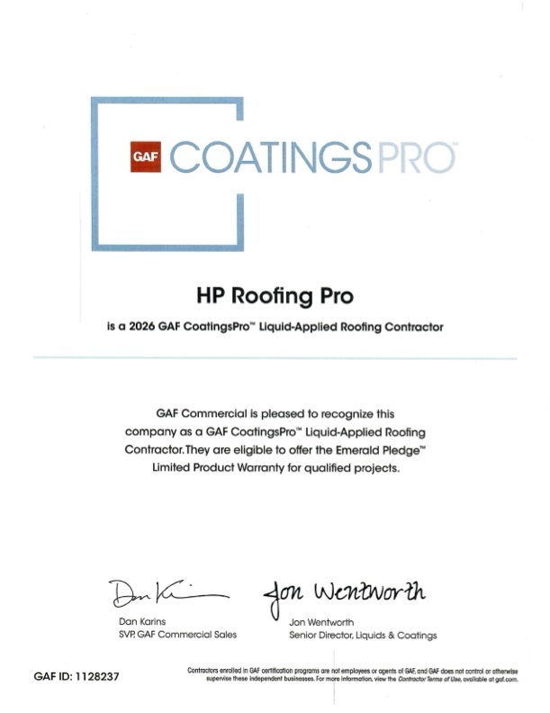 GAF CoatingsPro Certificate — HP Roofing Pro