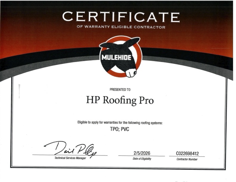 Mulehide Warranty Eligible Contractor Certificate — HP Roofing Pro