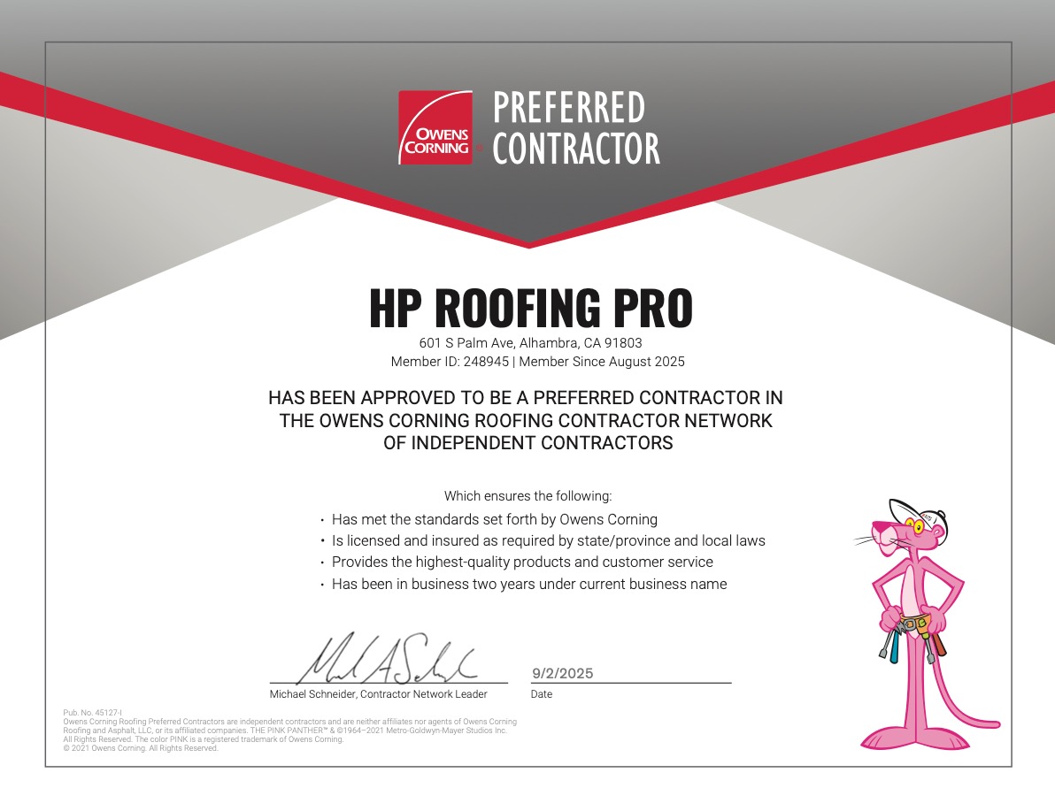 Owens Corning Preferred Contractor Certificate — HP Roofing Pro